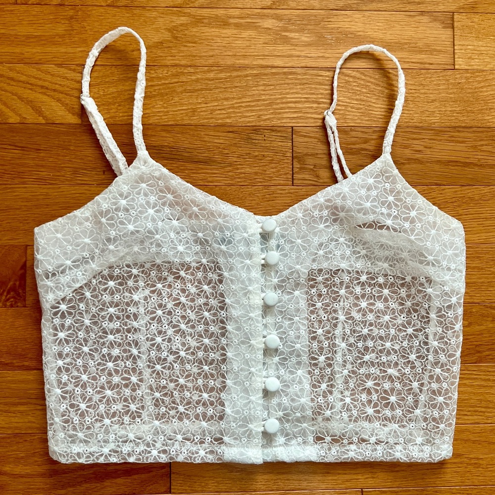 Nasty Gal White Floral Sheer Lace Button Up Crop Top ~ Size 6